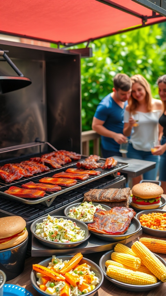 Outdoor barbecue setup with ribs, burgers, coleslaw, grilled corn, and friends enjoying the gathering.